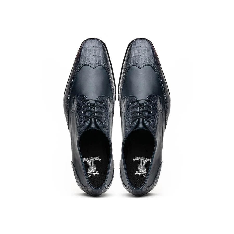 Los Altos ZLM018210 Men's Navy Blue Genuine Caiman Crocodile Belly/Calf Leather Oxfords