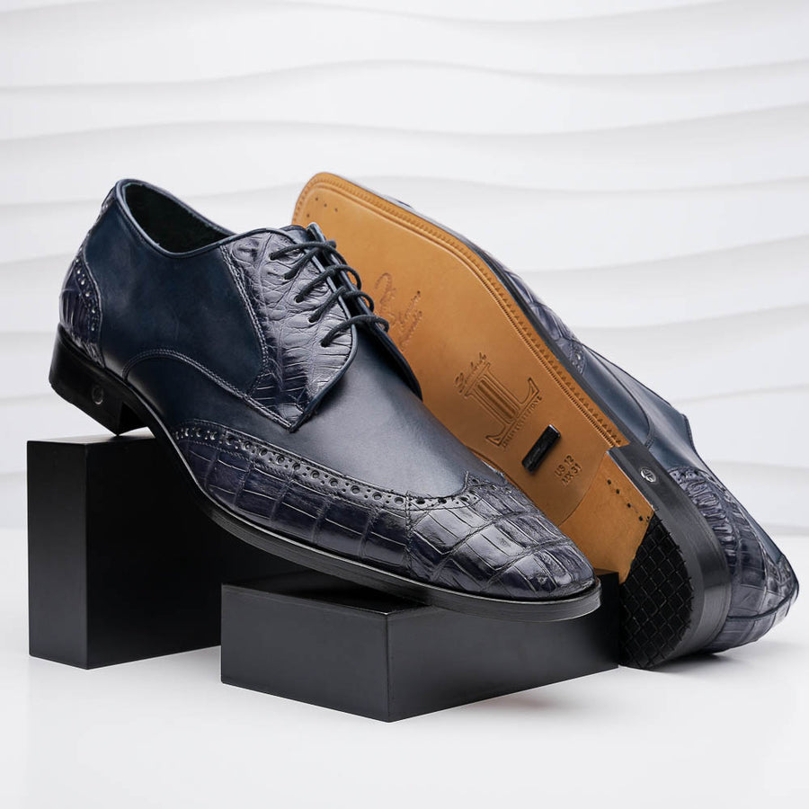 Los Altos ZLM018210 Men's Navy Blue Genuine Caiman Crocodile Belly/Calf Leather Oxfords