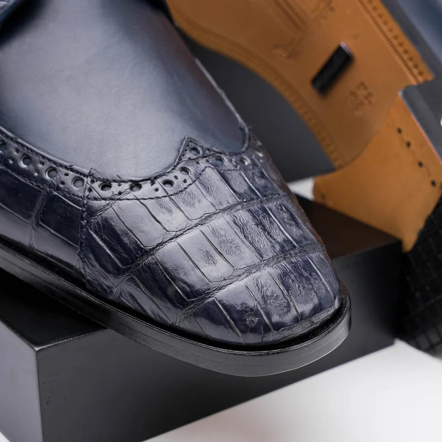 Los Altos ZLM018210 Men's Navy Blue Genuine Caiman Crocodile Belly/Calf Leather Oxfords