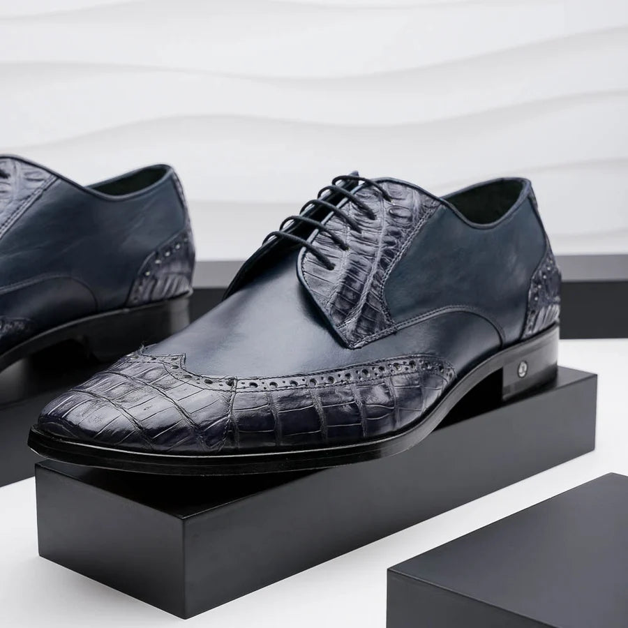 Los Altos ZLM018210 Men's Navy Blue Genuine Caiman Crocodile Belly/Calf Leather Oxfords