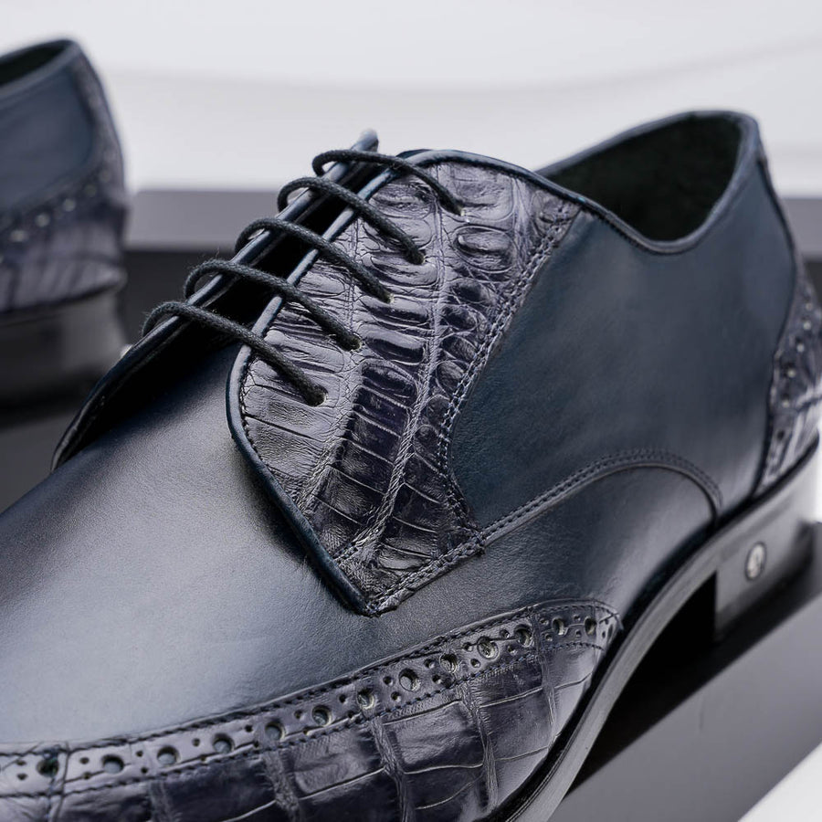 Los Altos ZLM018210 Men's Navy Blue Genuine Caiman Crocodile Belly/Calf Leather Oxfords