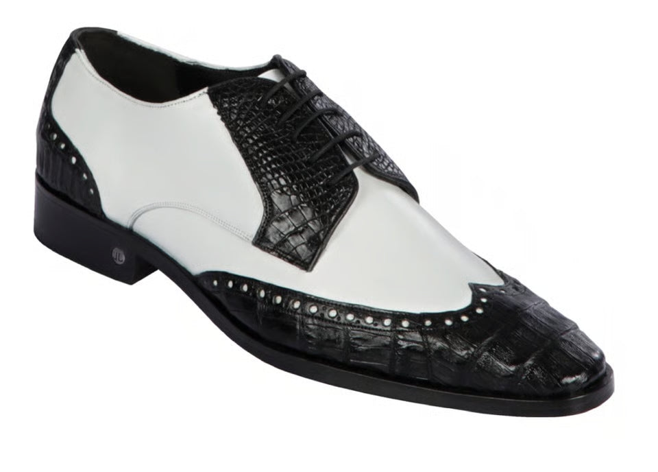 Los Altos ZLM018255 Men's Black/White Genuine Caiman Crocodile Belly/Calf Leather Oxfords