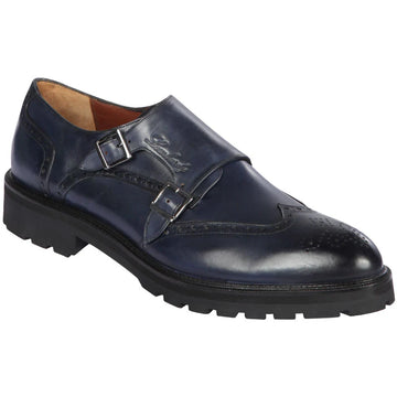Los Altos ZLM048010 Men's Faded Navy Blue Genuine Calf Leather Monk Strap Shoes