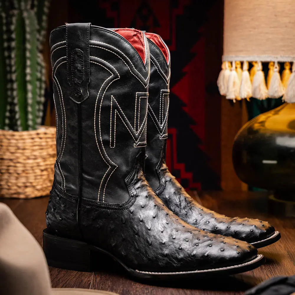 Marco Di Milano Alabama Black Genuine Ostrich Cowboy Boots