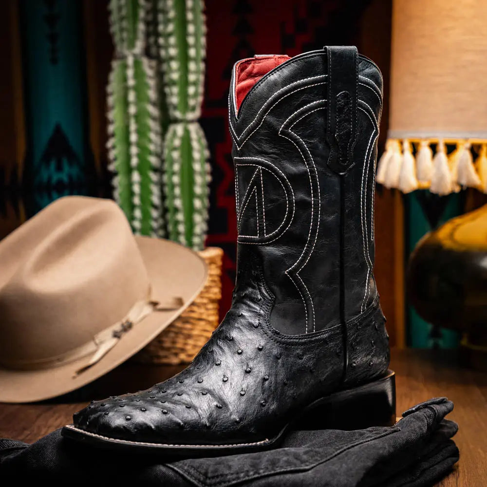 Marco Di Milano Alabama Black Genuine Ostrich Cowboy Boots
