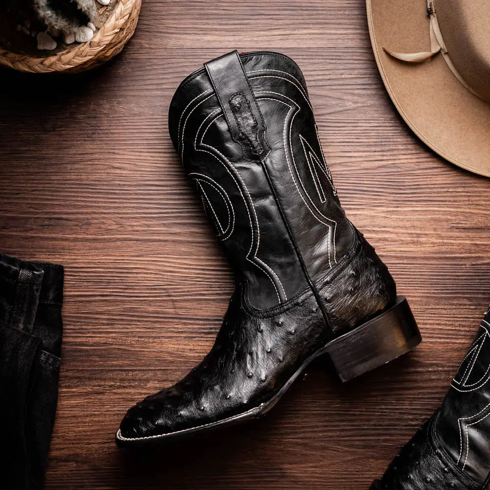 Marco Di Milano Alabama Black Genuine Ostrich Cowboy Boots