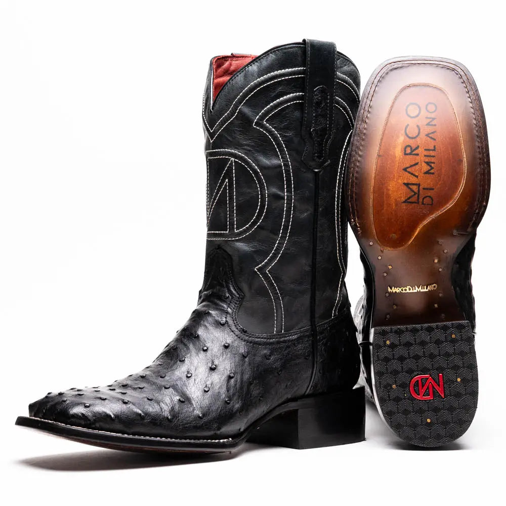 Marco Di Milano Alabama Black Genuine Ostrich Cowboy Boots