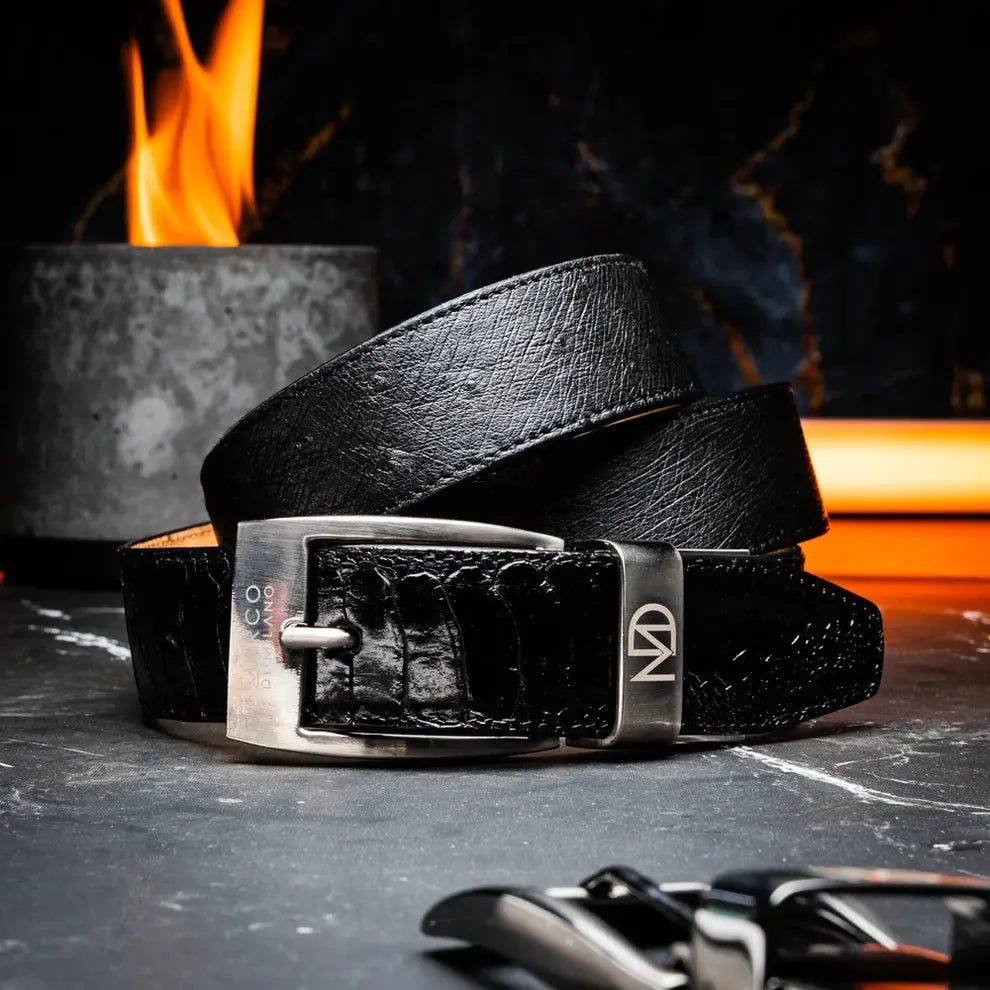 Marco Di Milano Alessio Black Genuine Ostrich/Ostrich Leg Belt