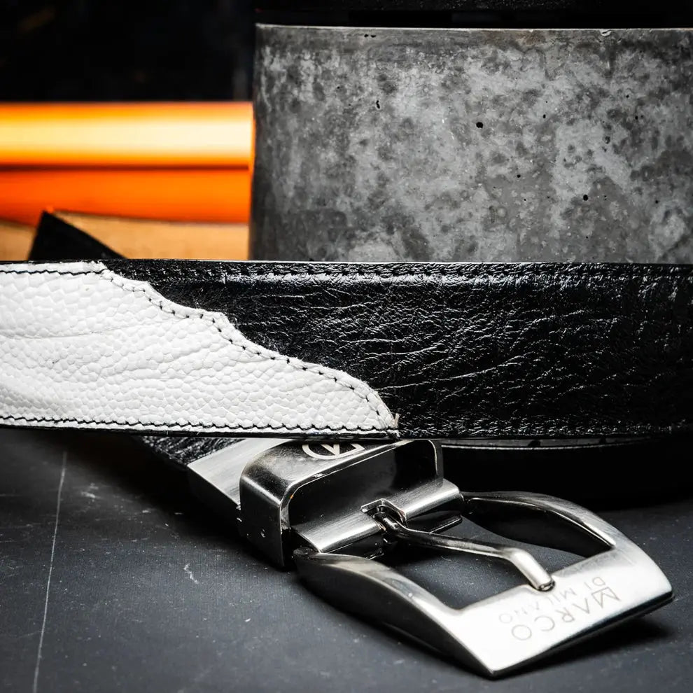Marco Di Milano Alessio White/Black Genuine Ostrich/Ostrich Leg Belt
