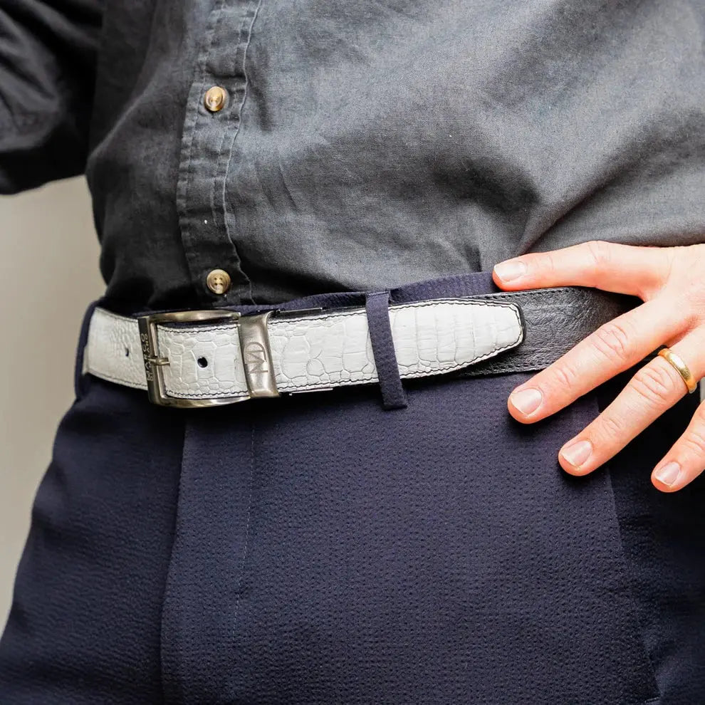 Marco Di Milano Alessio White/Black Genuine Ostrich/Ostrich Leg Belt