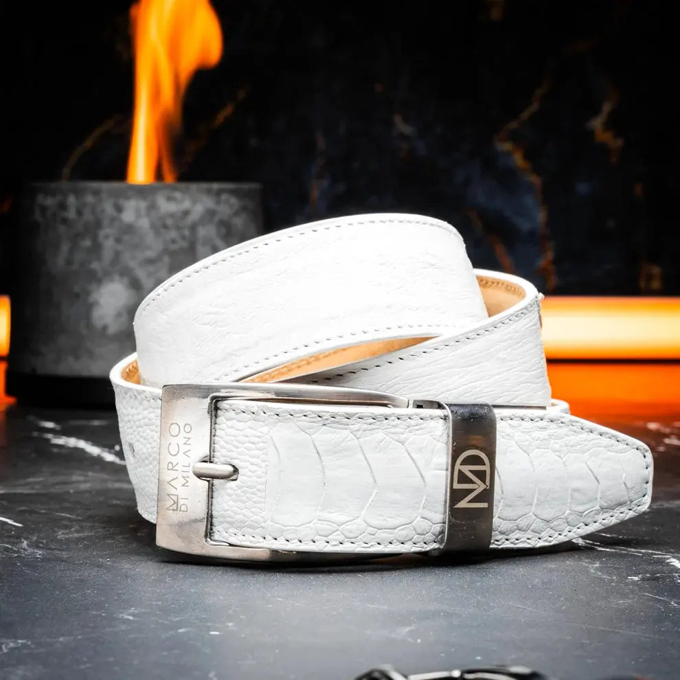 Marco Di Milano Alessio White Genuine Ostrich/Ostrich Leg Belt