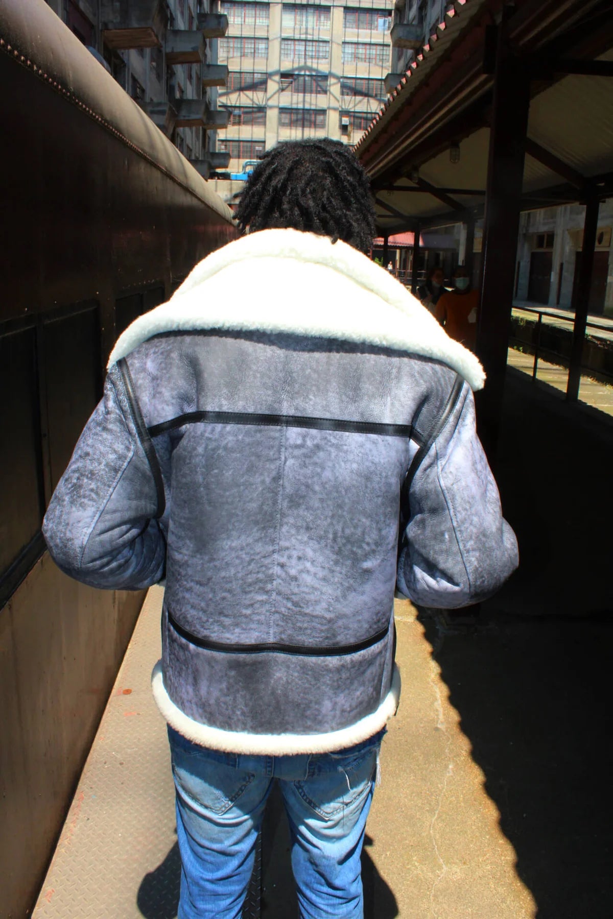 Jakewood 808 Military Grey/Black Genuine Sheepskin Double Collar Bomber Jacket