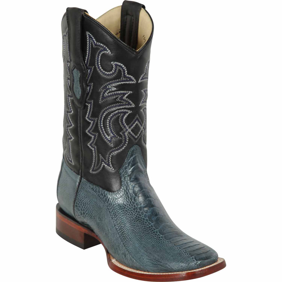 Los Altos 8220514 Men's Denim Blue Genuine Ostrich Leg Wide Square Toe Cowboy Boots