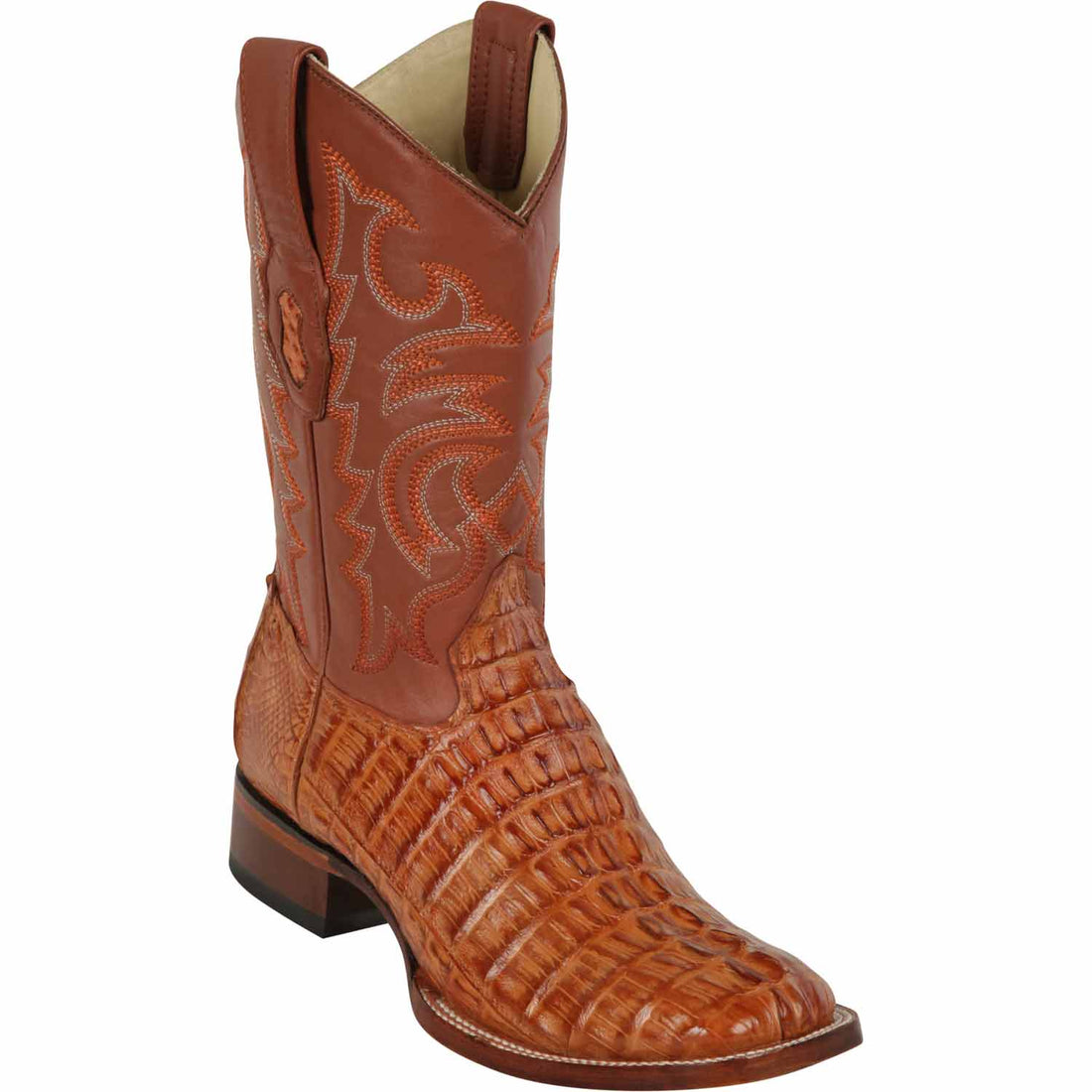 Los Altos 8220103 Men's Cognac Genuine Caiman Tail Wide Square Toe Cowboy Boots