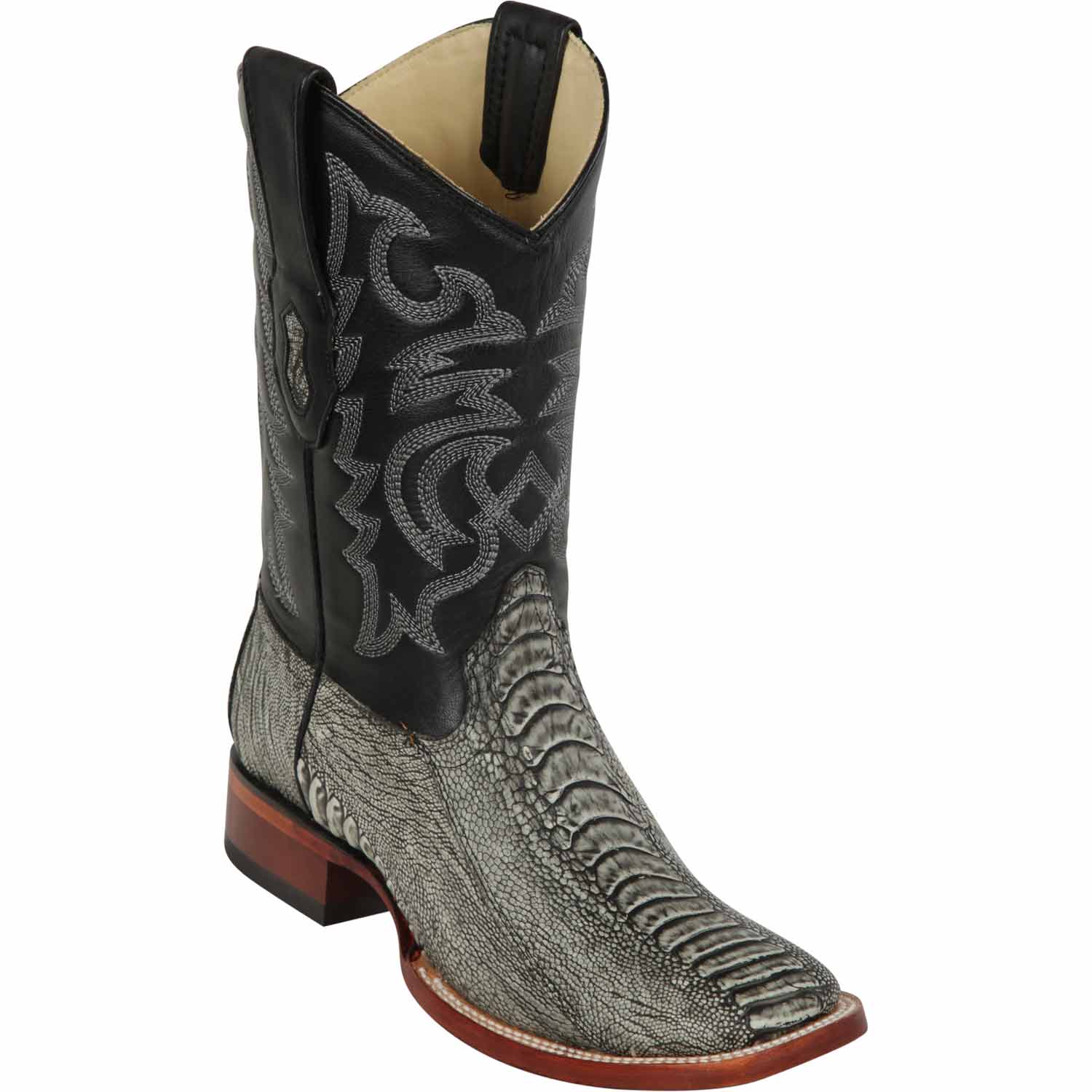 Los Altos 8220581 Men's Rustic Black Genuine Ostrich Leg Wide Square Toe Cowboy Boots