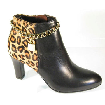 Mauri Ladies Gold/Black Leopard Hair Print Genuine Leather Gold Chain Lock Dress Boots