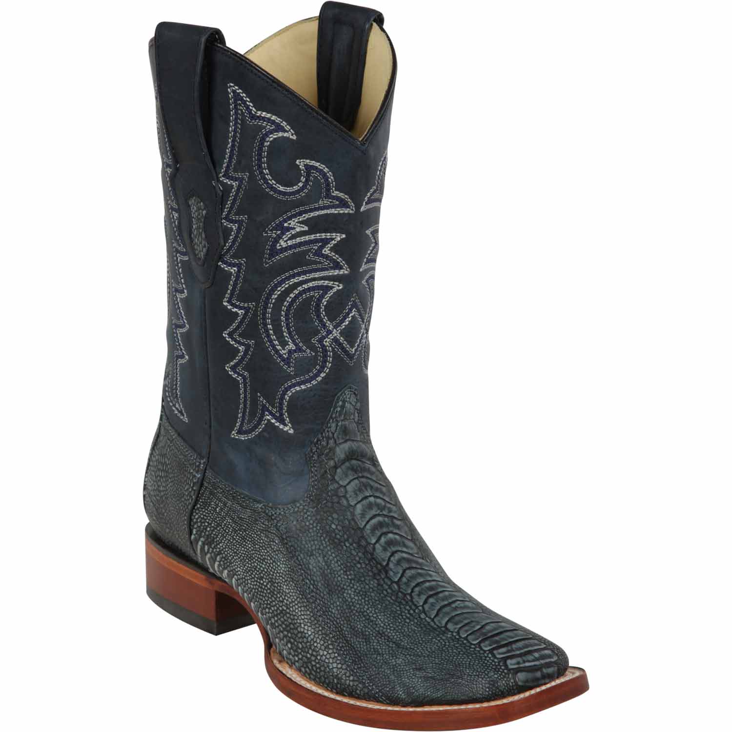 Los Altos 8220582 Men's Rustic Blue Genuine Ostrich Leg Wide Square Toe Cowboy Boots