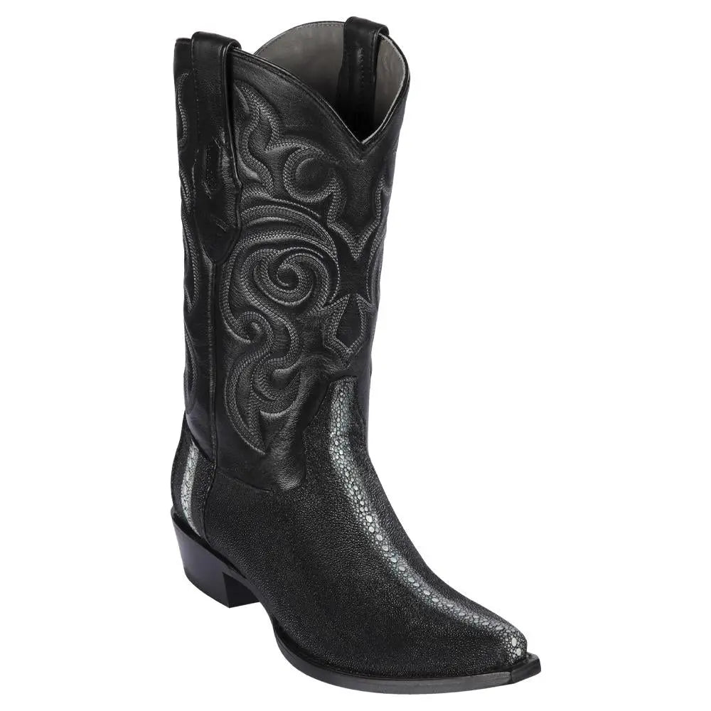Los Altos 941105 Men's Black Genuine Row Stone Snip Toe Cowboy Boots