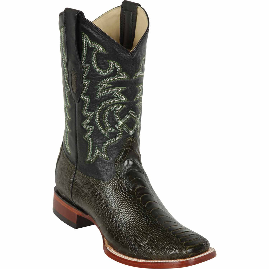 Los Altos 8220545 Men's Olive Green Genuine Ostrich Leg Wide Square Toe Cowboy Boots