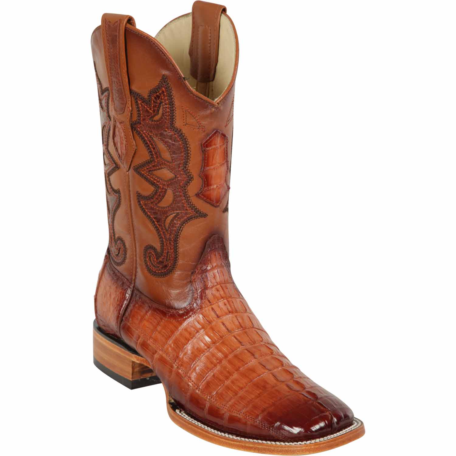 Los Altos 48220157 Men's Faded Cognac Genuine Caiman Tail Wide Square Toe Cowboy Boots