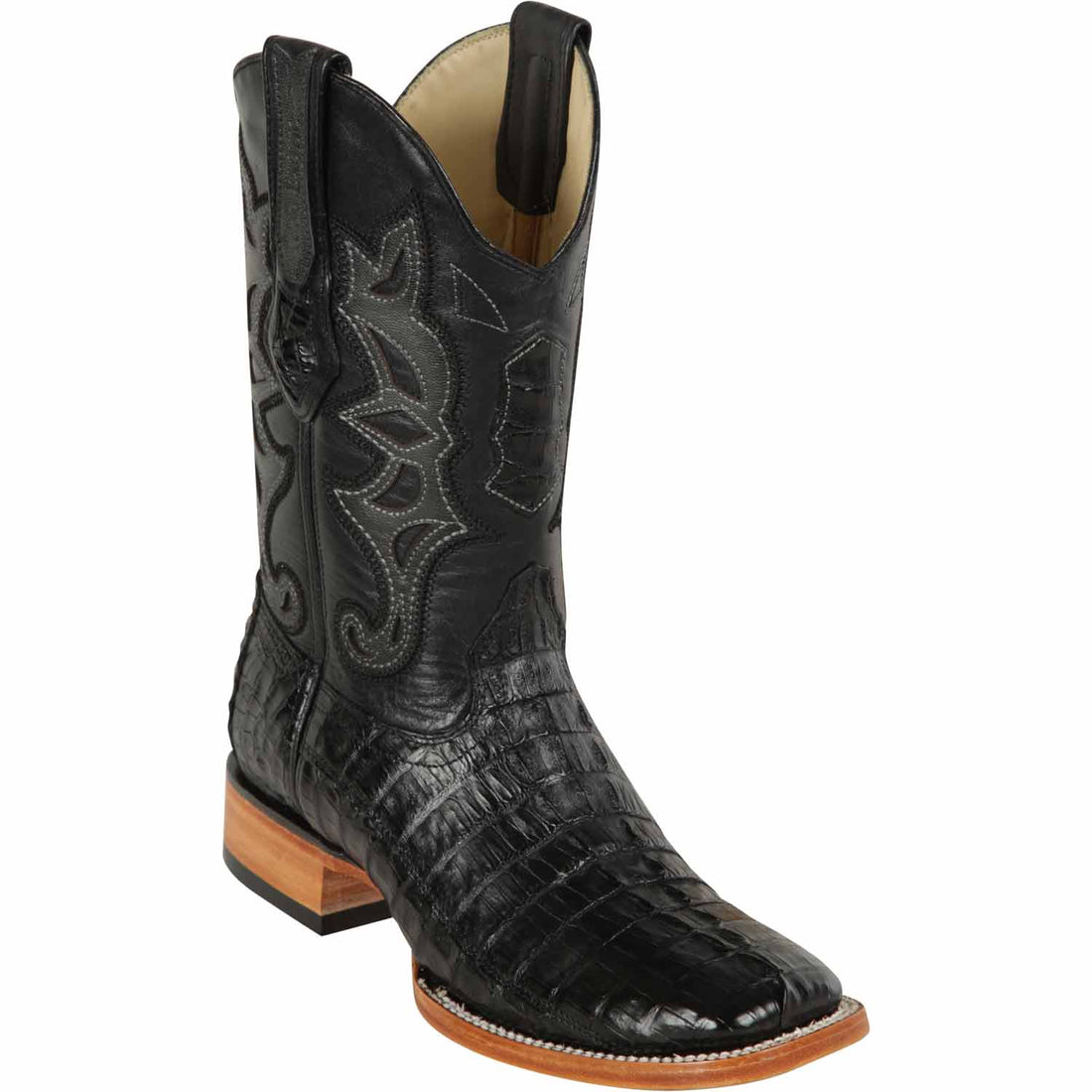 Los Altos 48220105 Men's Black Genuine Caiman Tail Wide Square Toe Cowboy Boots