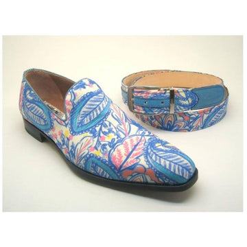 Mauri Blue/White Genuine Lizard Leather Hand Painted Paisley Design Loafer Shoes