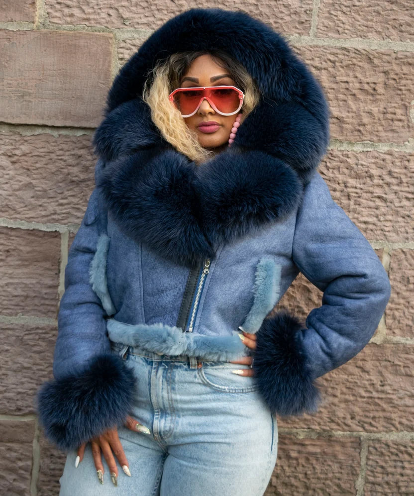 Jakewood 1019 Ladies Navy Genuine Shearling Sheepskin/Fox Short Crop Jacket