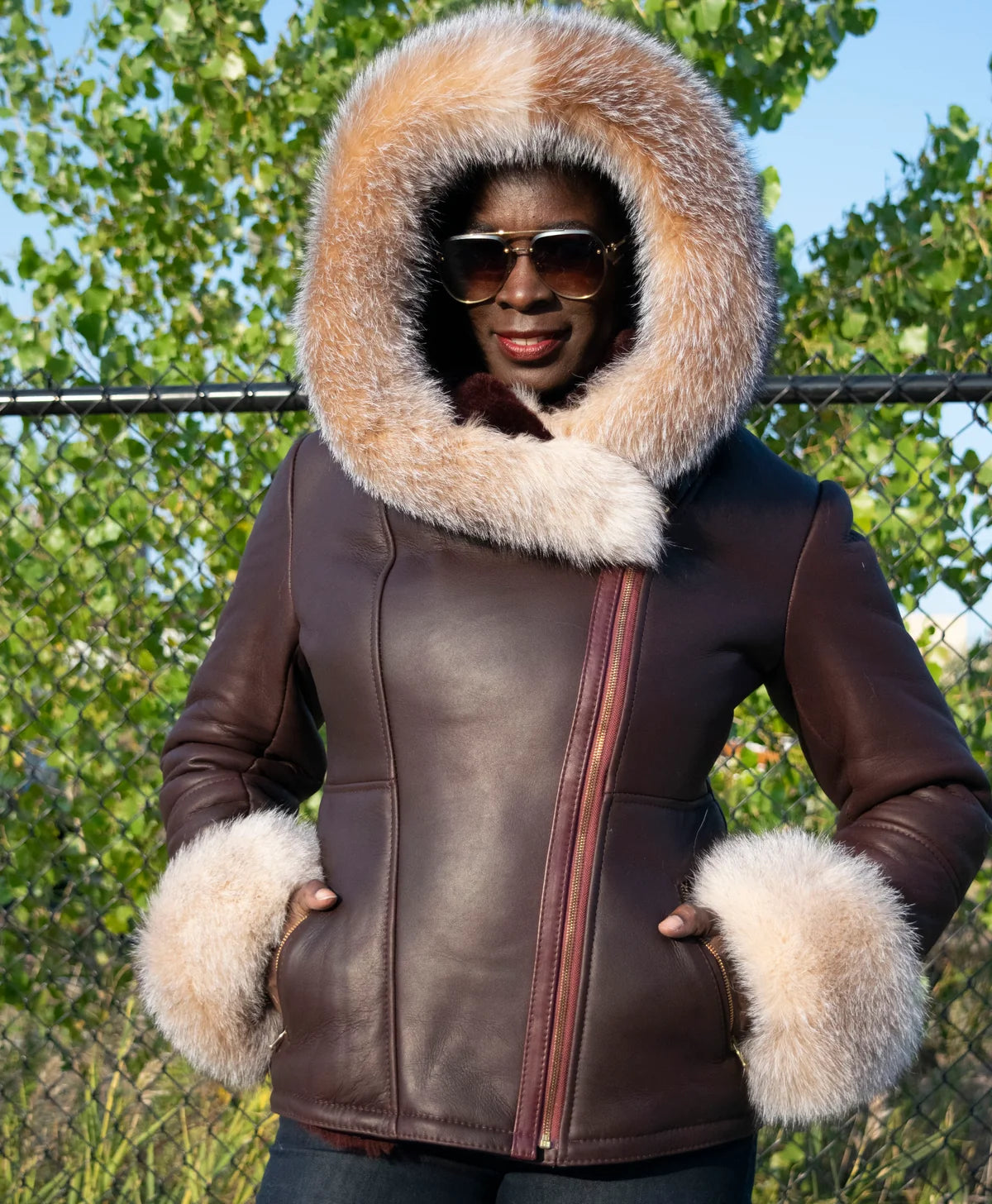 Jakewood 1069 Ladies Burgundy Genuine Fox Fur/Sheepskin Leather Jacket