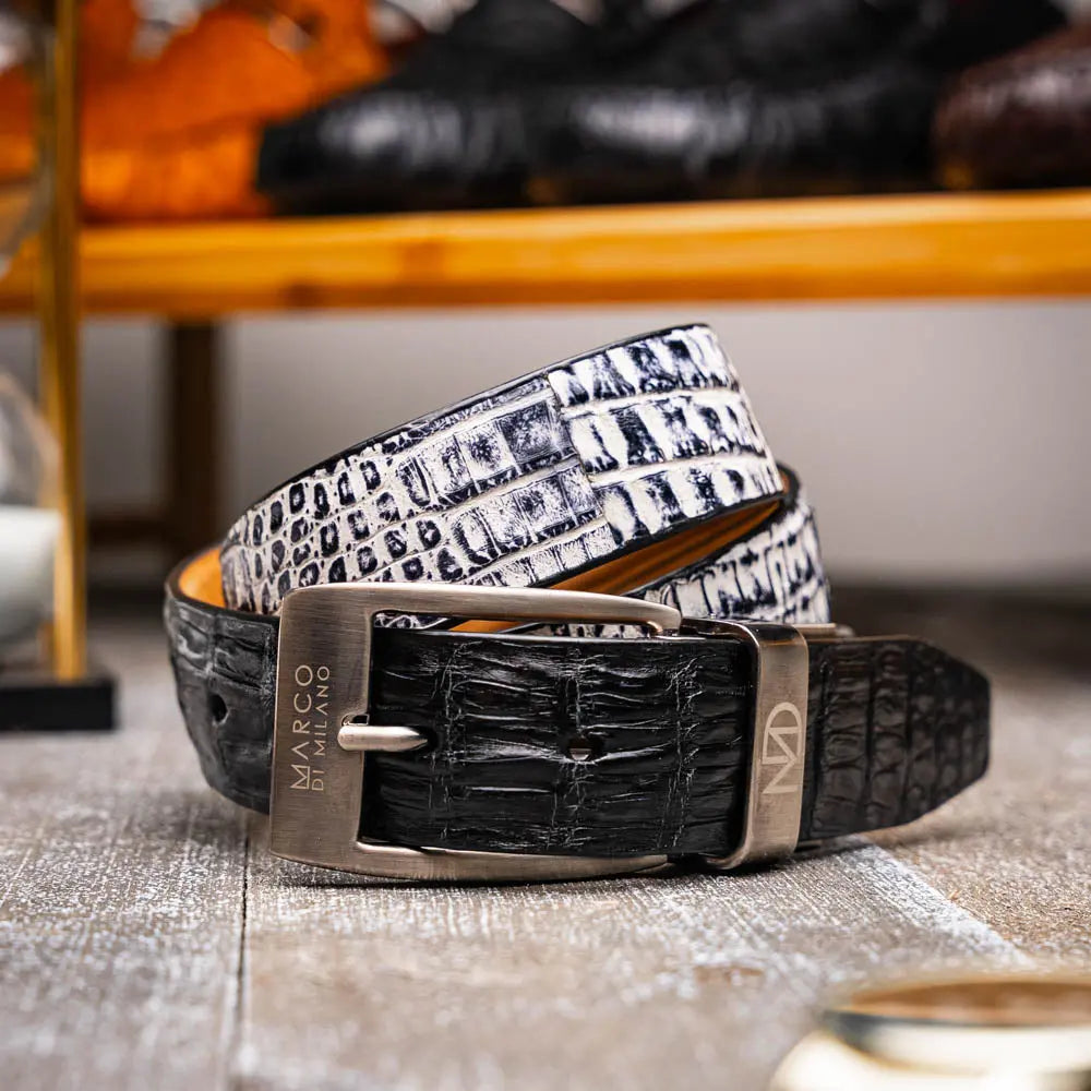 Marco Di Milano Caribe Black/Newspaper Genuine Caiman Crocodile Belt