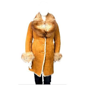 Jakewood 0105 Ladies Genuine Sheepskin Single-Breasted Trench Coat With Fox Fur Collar