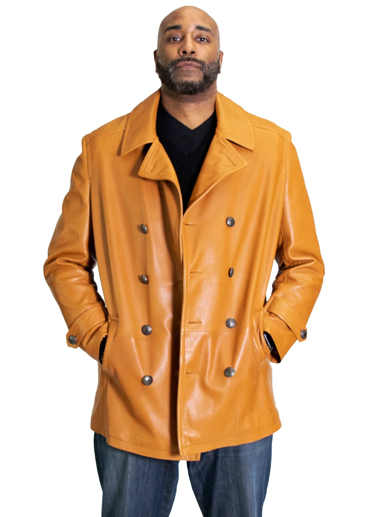 Jakewood 2092 Tan Genuine Lambskin Leather Double Breasted Peacoat