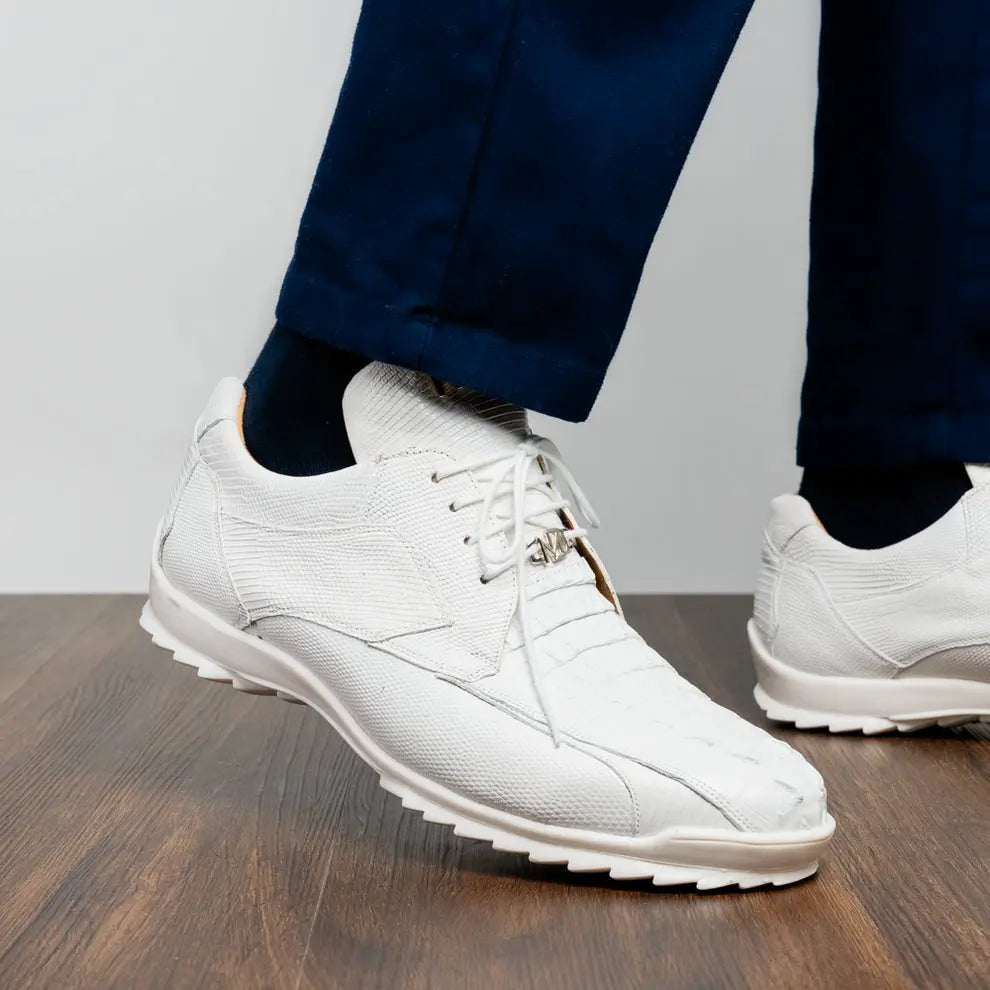 Marco Di Milano Crater White Genuine Caiman Crocodile/Lizard Sneakers