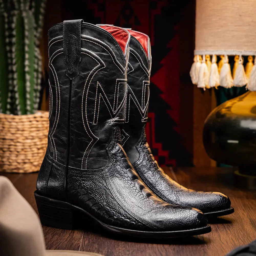 Marco Di Milano Denver Black Genuine Ostrich Leg Cowboy Boots