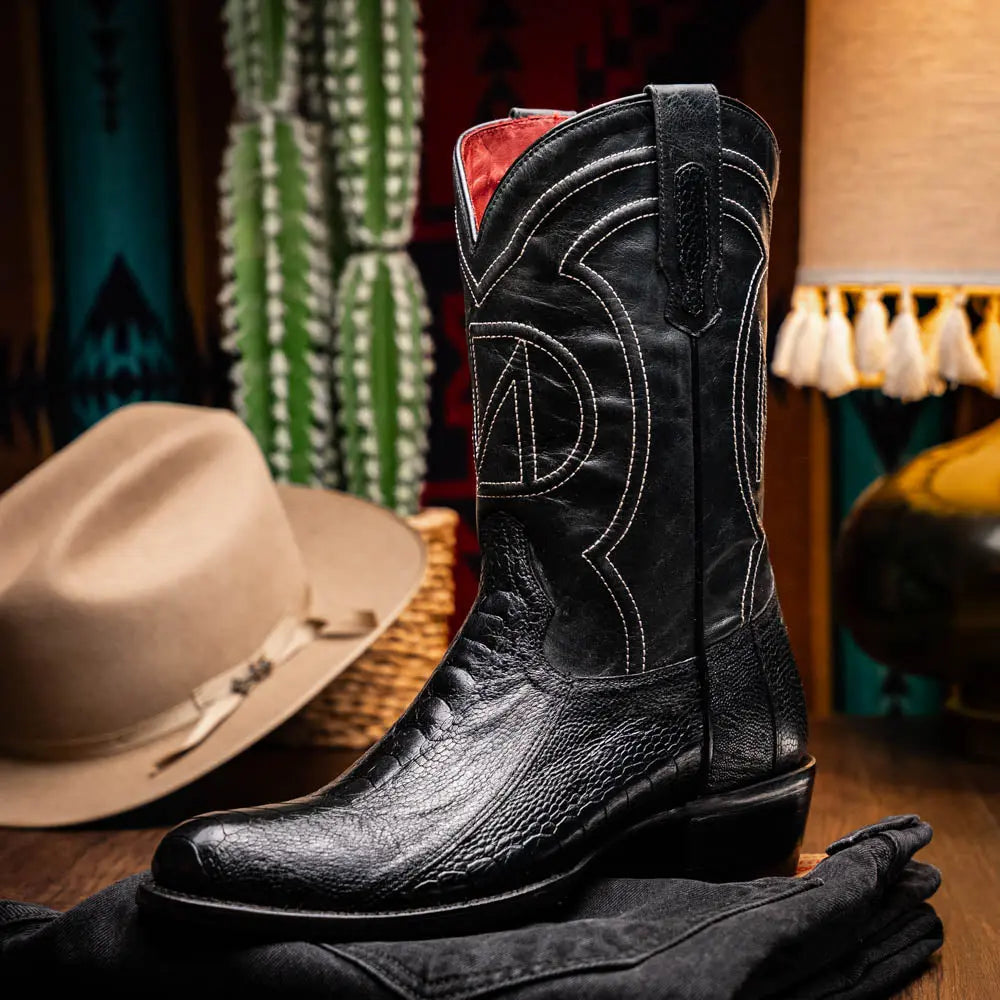 Marco Di Milano Denver Black Genuine Ostrich Leg Cowboy Boots