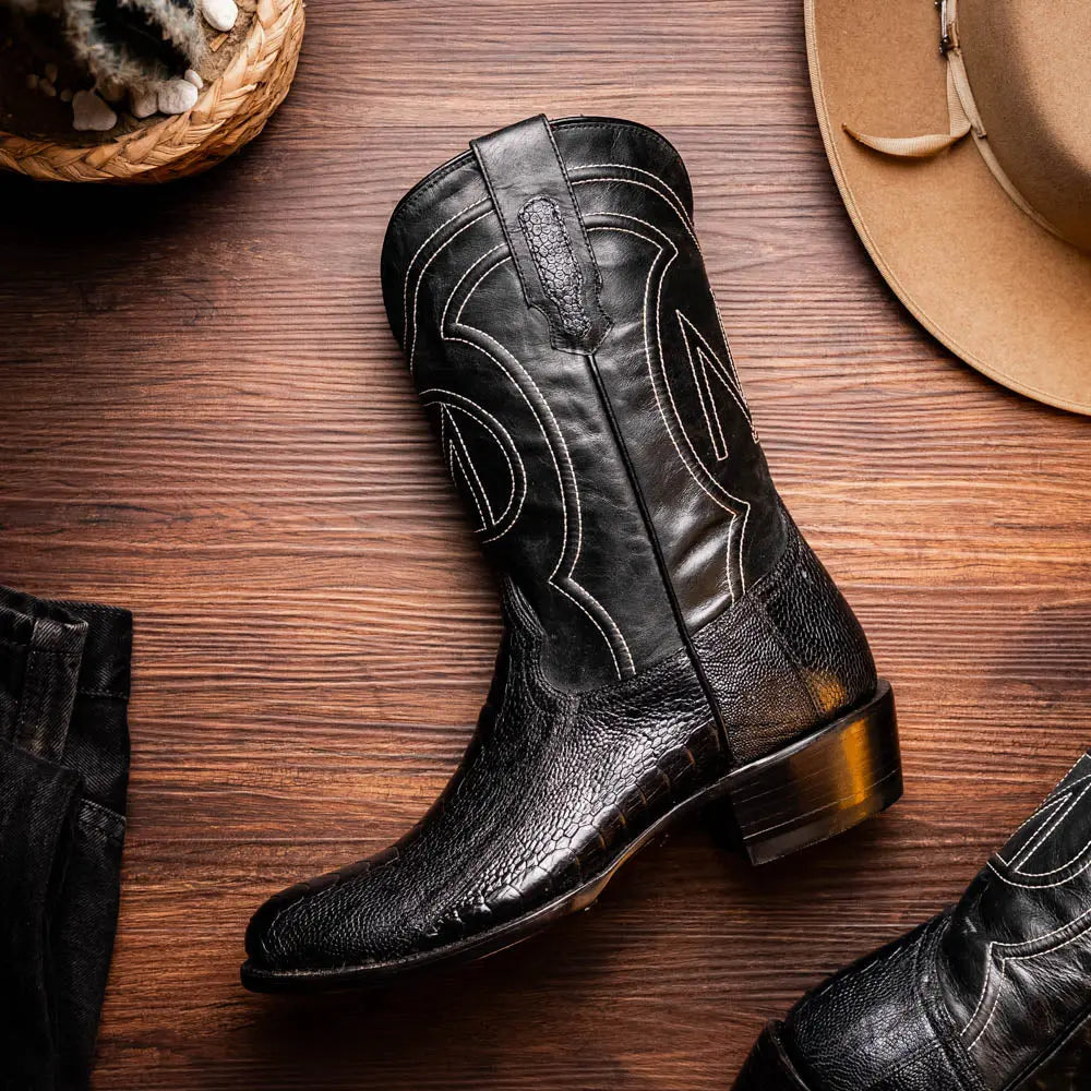 Marco Di Milano Denver Black Genuine Ostrich Leg Cowboy Boots