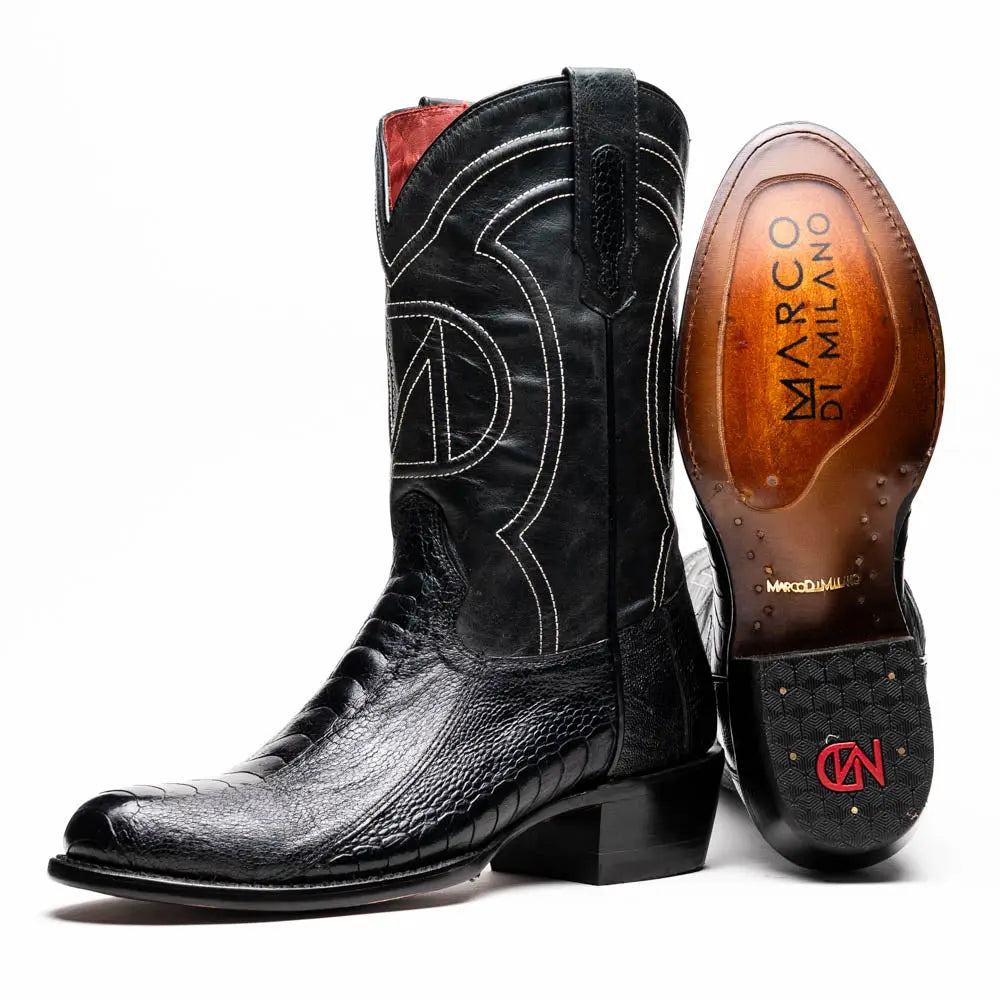 Marco Di Milano Denver Black Genuine Ostrich Leg Cowboy Boots