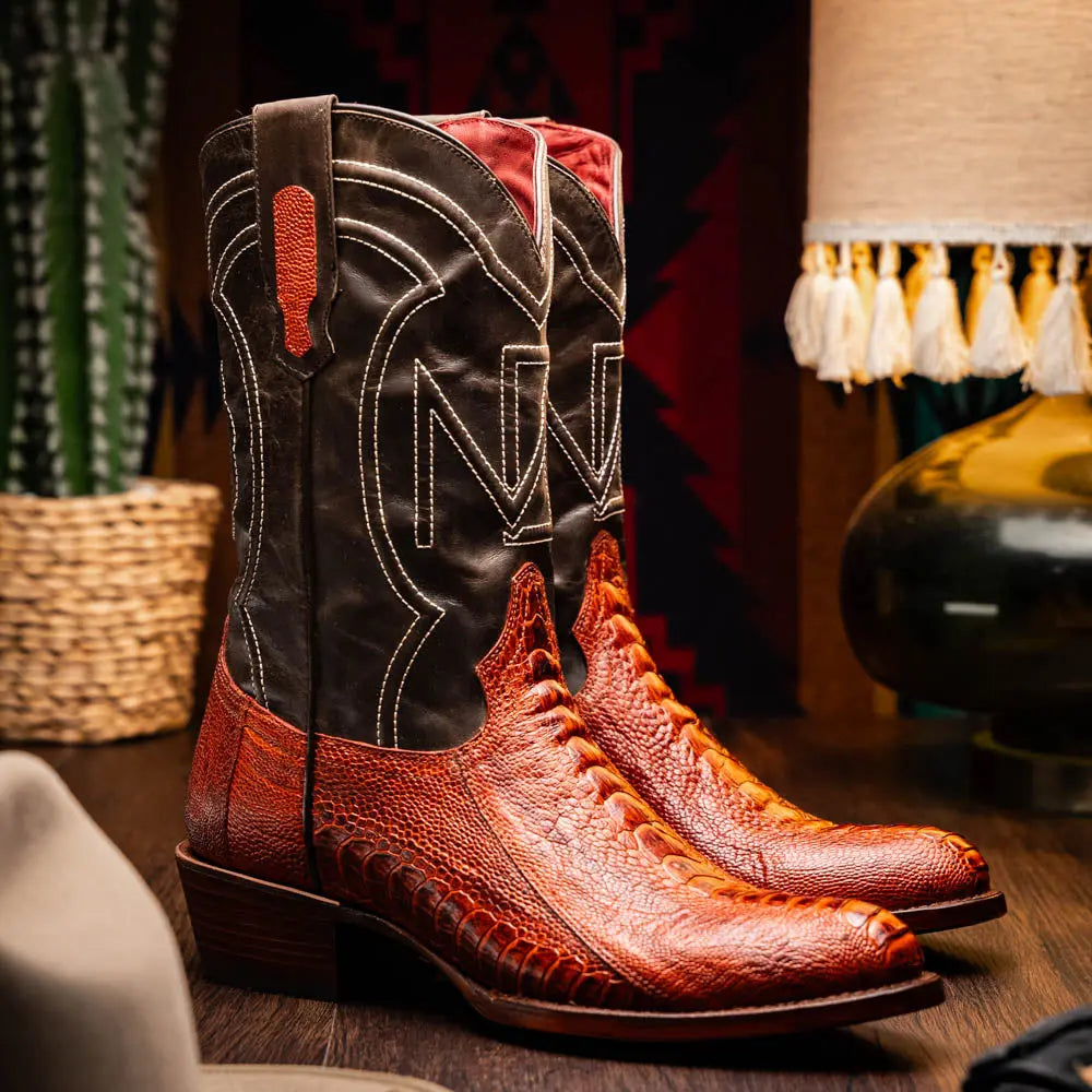 Marco Di Milano Denver Rustic Cognac Genuine Ostrich Leg Cowboy Boots