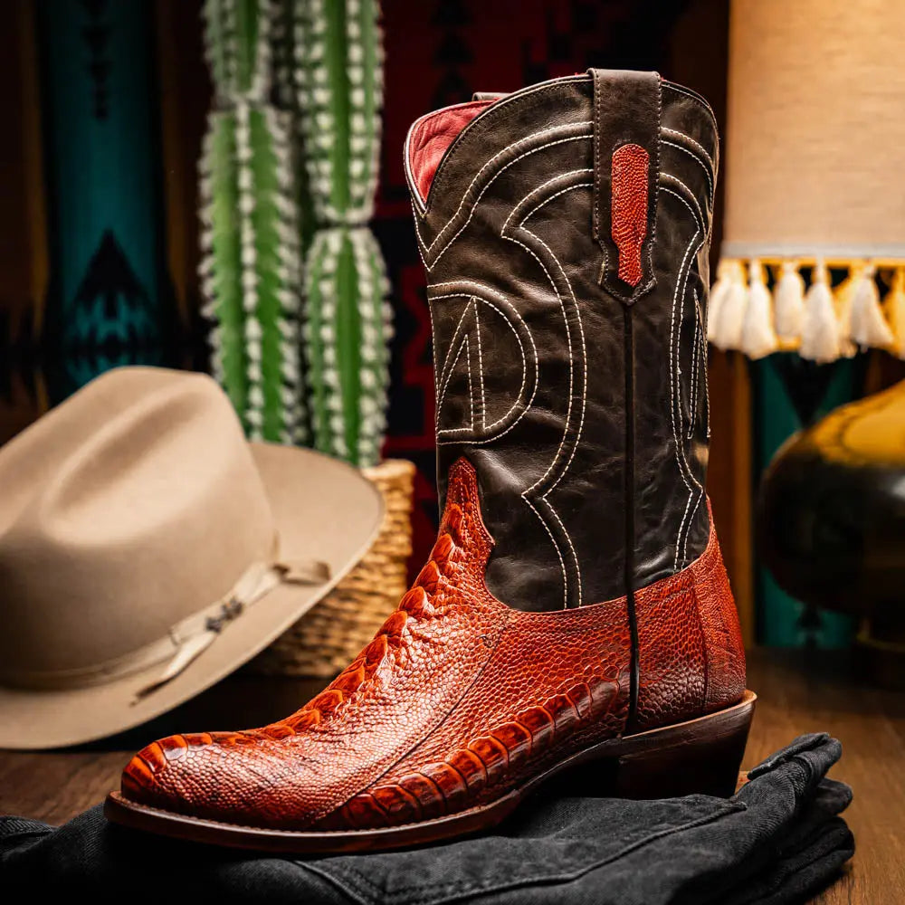 Marco Di Milano Denver Rustic Cognac Genuine Ostrich Leg Cowboy Boots