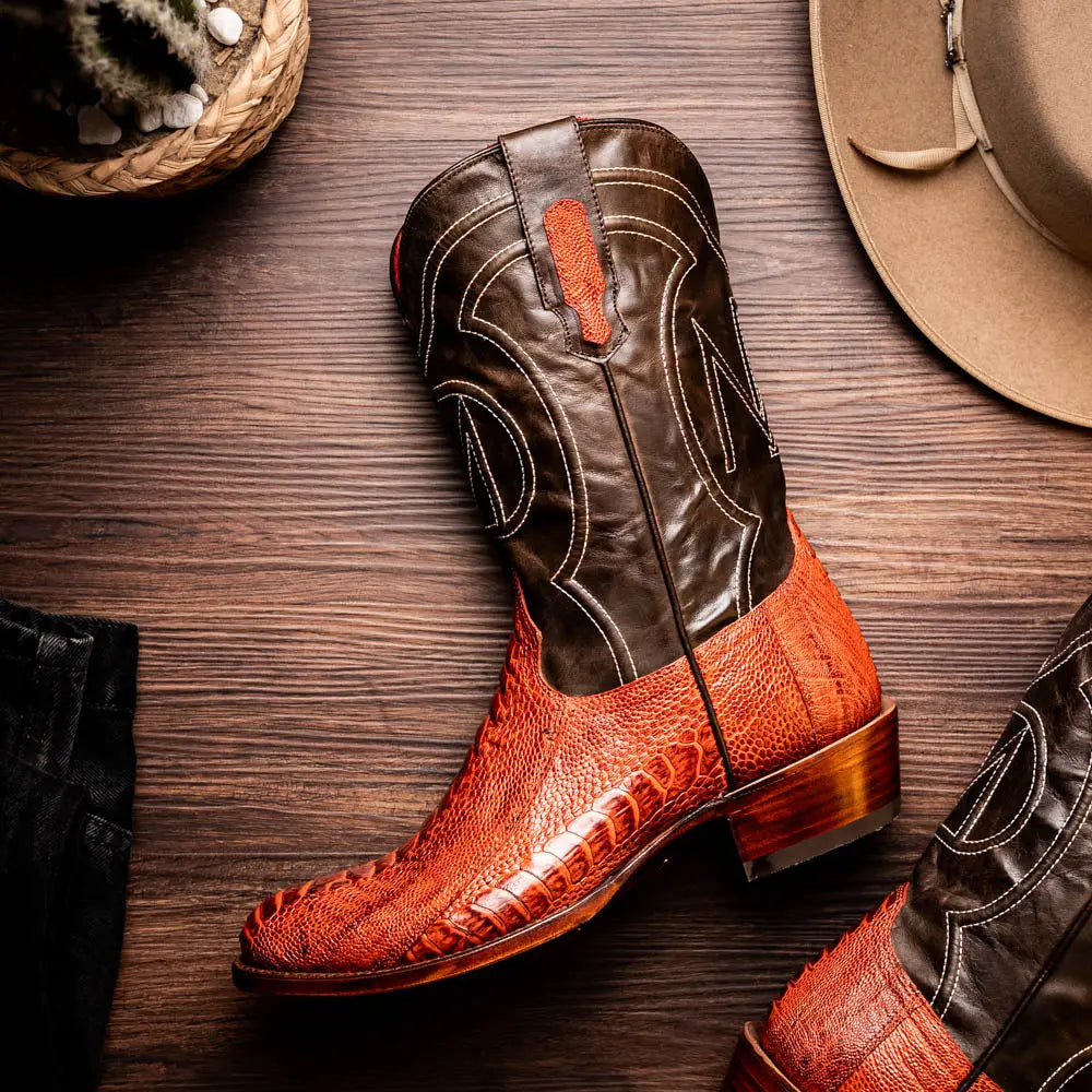 Marco Di Milano Denver Rustic Cognac Genuine Ostrich Leg Cowboy Boots