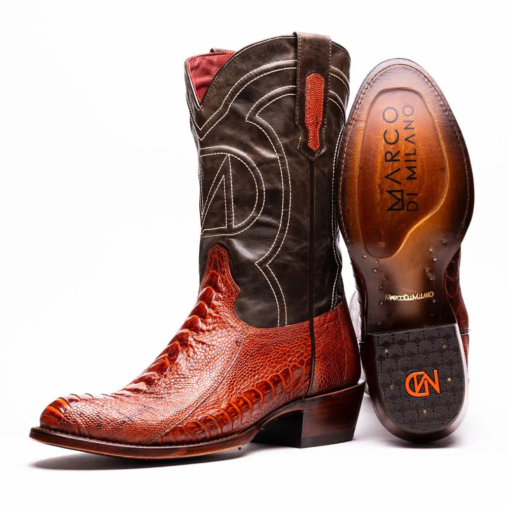 Marco Di Milano Denver Rustic Cognac Genuine Ostrich Leg Cowboy Boots