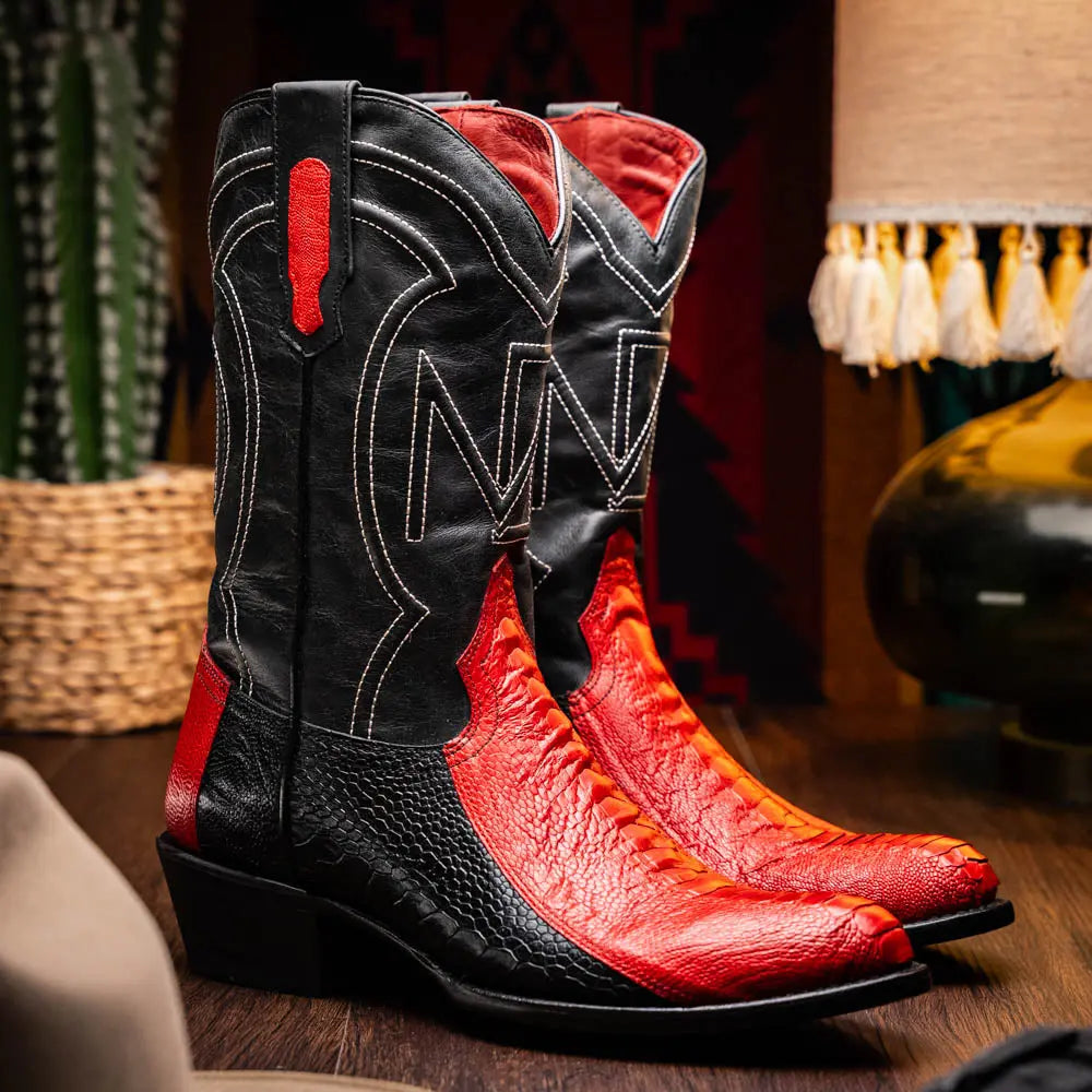 Marco Di Milano Denver Red/Black Genuine Ostrich Leg Cowboy Boots