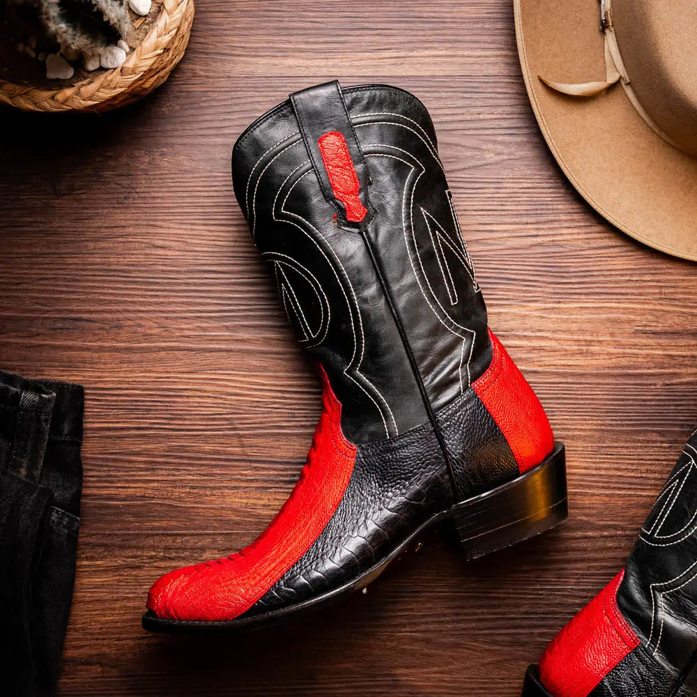 Marco Di Milano Denver Red/Black Genuine Ostrich Leg Cowboy Boots