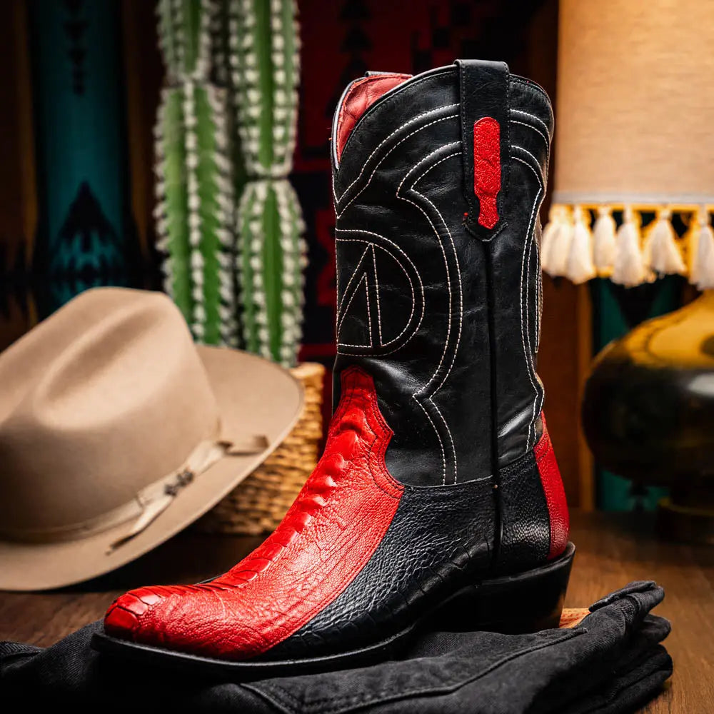 Marco Di Milano Denver Red/Black Genuine Ostrich Leg Cowboy Boots