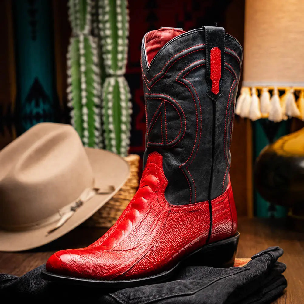 Marco Di Milano Denver Red Genuine Ostrich Leg Cowboy Boots