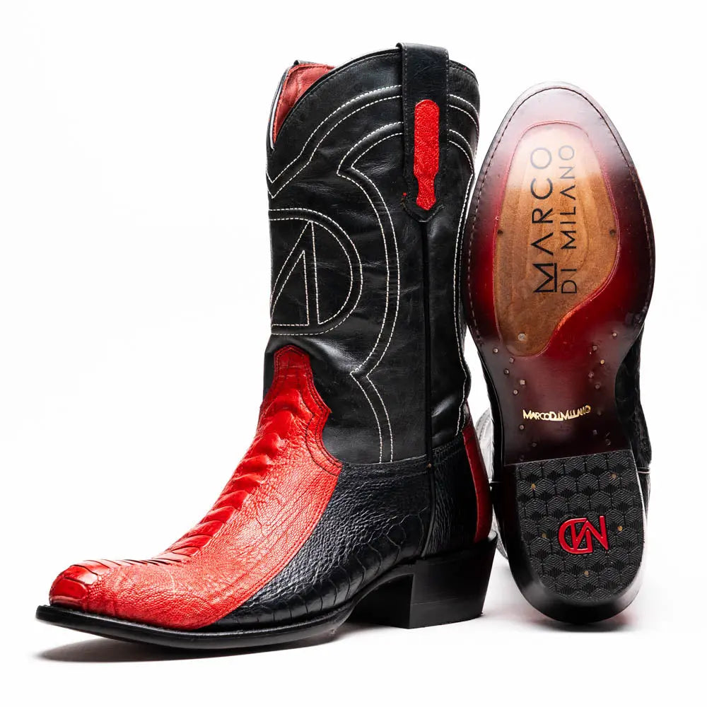 Marco Di Milano Denver Red/Black Genuine Ostrich Leg Cowboy Boots