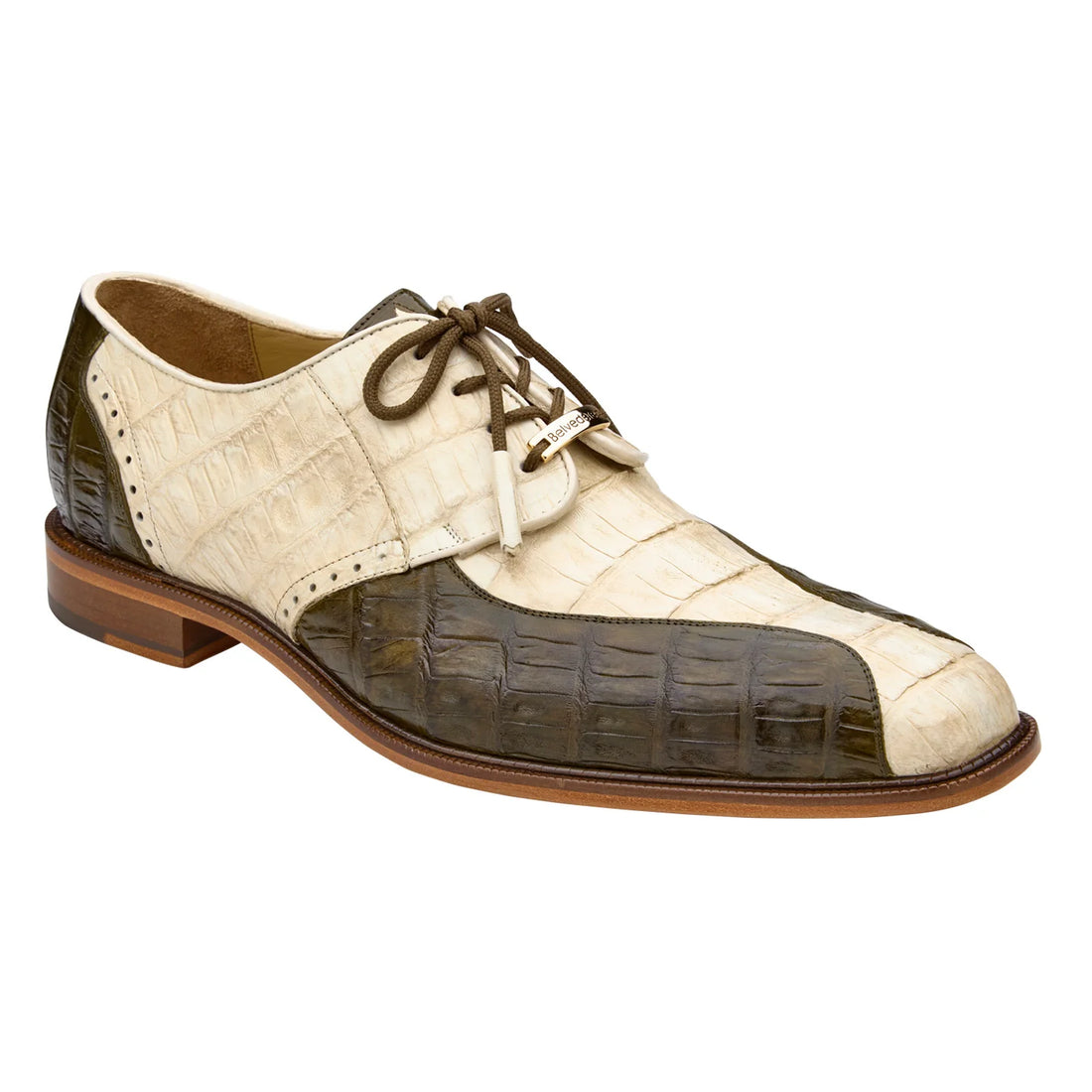 Belvedere Domenico R108 Bone/Olive Genuine Two-Tone Caiman Crocodile Oxfords