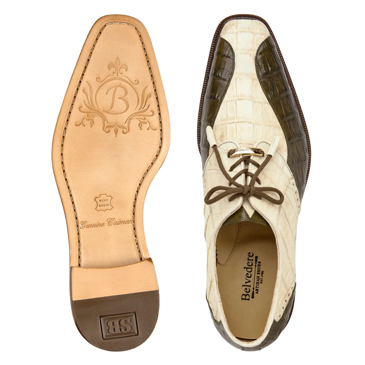Belvedere Domenico R108 Bone/Olive Genuine Two-Tone Caiman Crocodile Oxfords