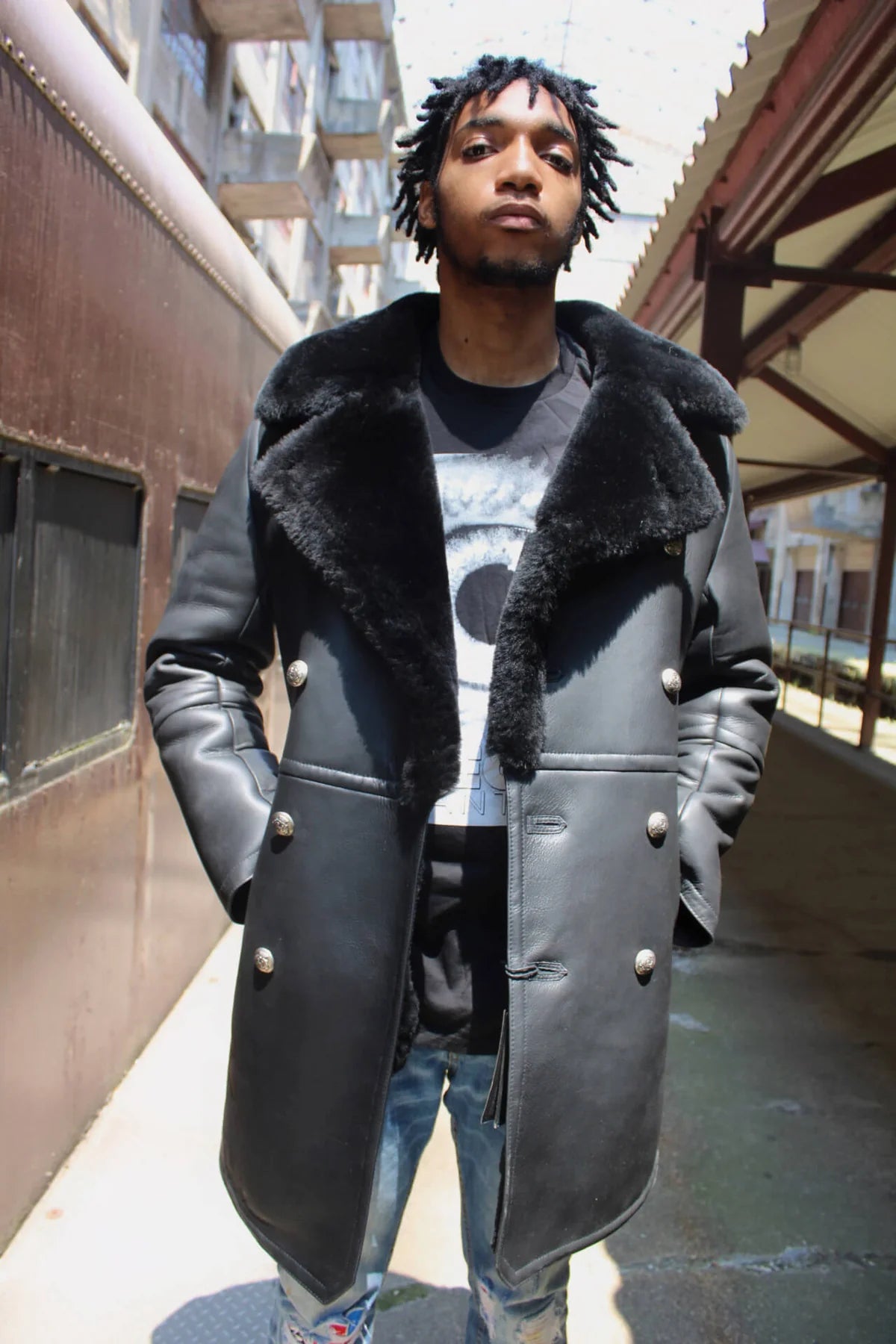 Jakewood 5000 Black Genuine Double Breasted Shearling Sheepskin Trench Coat