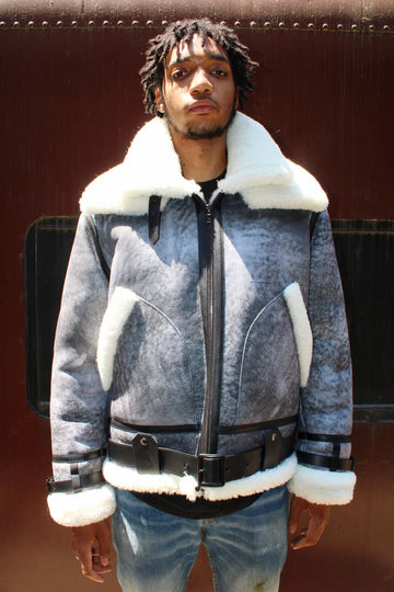 Jakewood 808 Military Grey/Black Genuine Sheepskin Double Collar Bomber Jacket