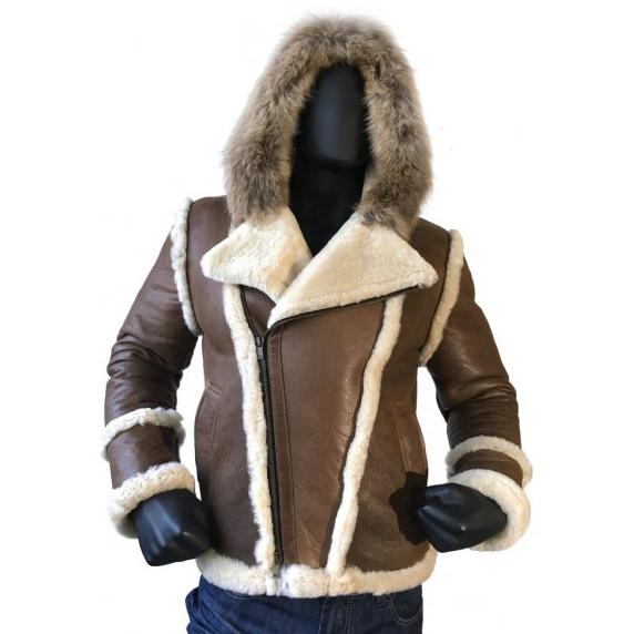 Jakewood 3910 Antique Brown Genuine Sheepskin/Fox Fur Motorcycle Jacket With Hood